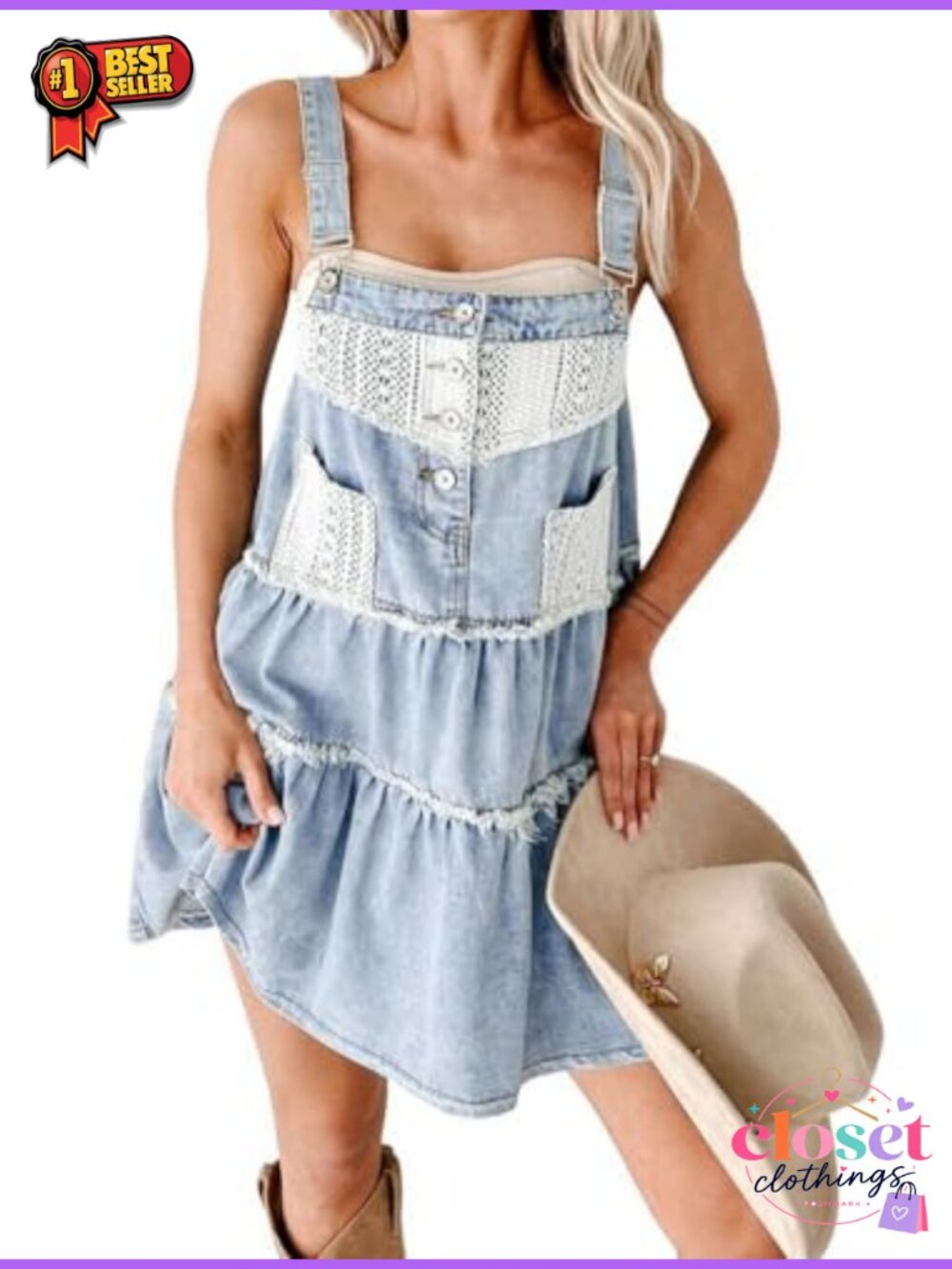 Women's Distressed Denim Overall Dress Adjustable Strap Lace Crochet